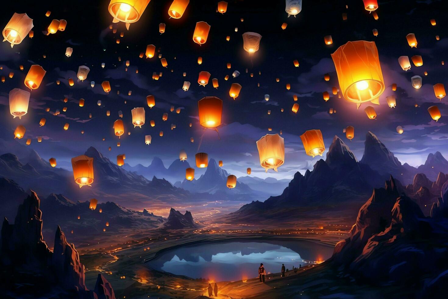 Flying lanterns in the night sky during the diwali festival india, yee peng or midautumn day in china concept by AI Generated photo