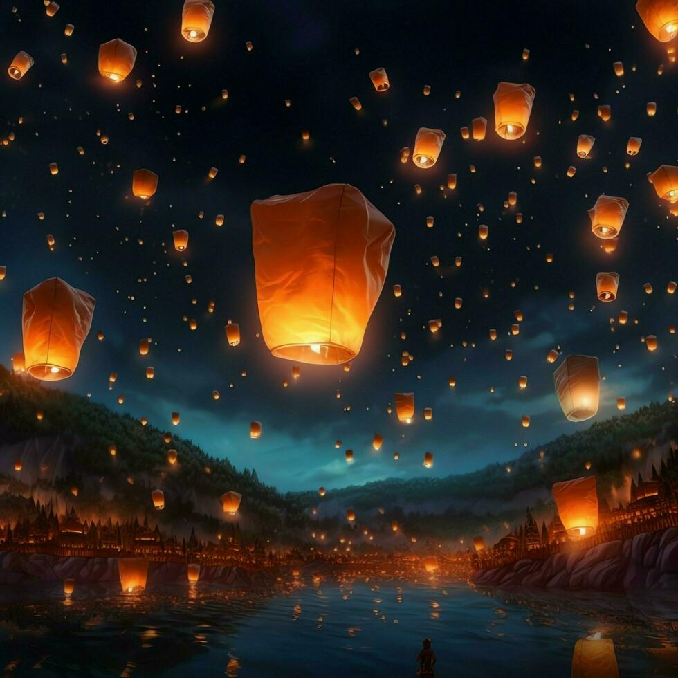 Flying lanterns in the night sky during the diwali festival india, yee peng or midautumn day in china concept by AI Generated photo