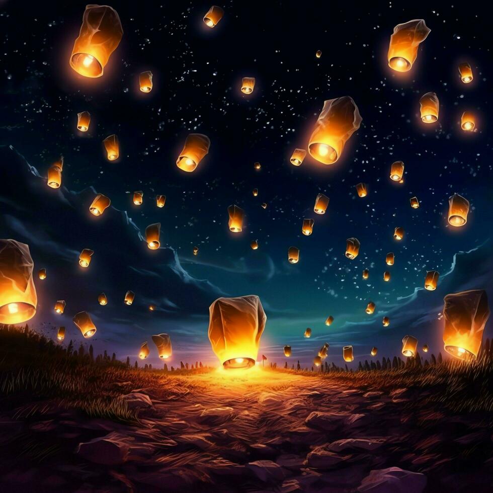 Flying lanterns in the night sky during the diwali festival india, yee peng or midautumn day in china concept by AI Generated photo