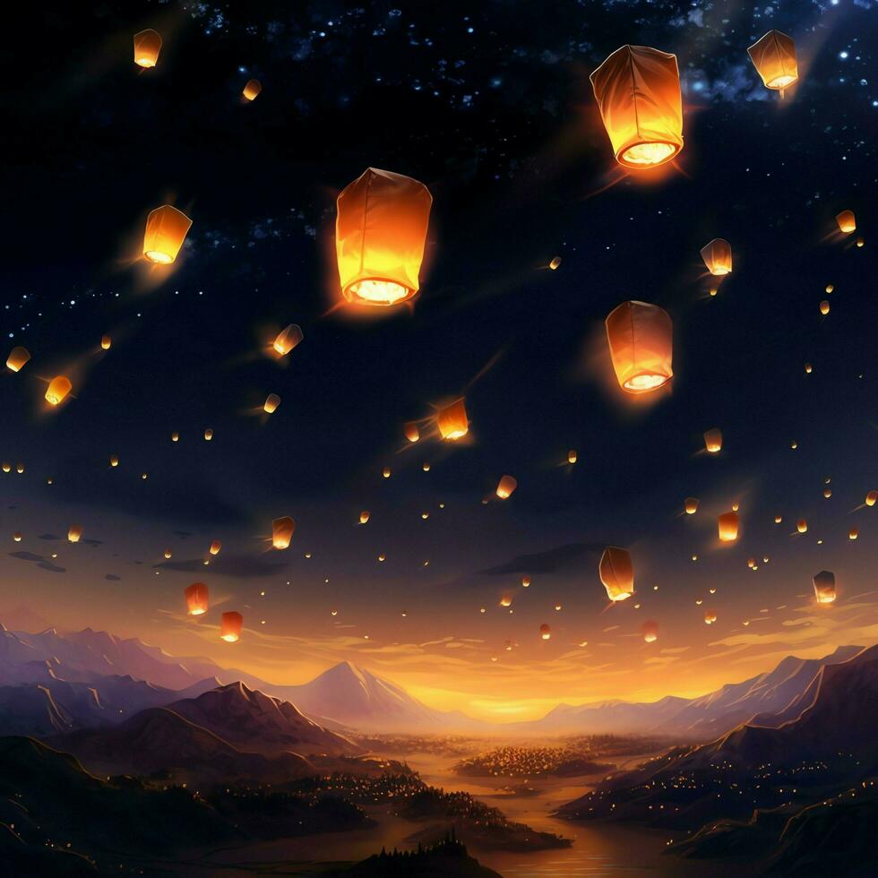 Flying lanterns in the night sky during the diwali festival india, yee peng or midautumn day in china concept by AI Generated photo