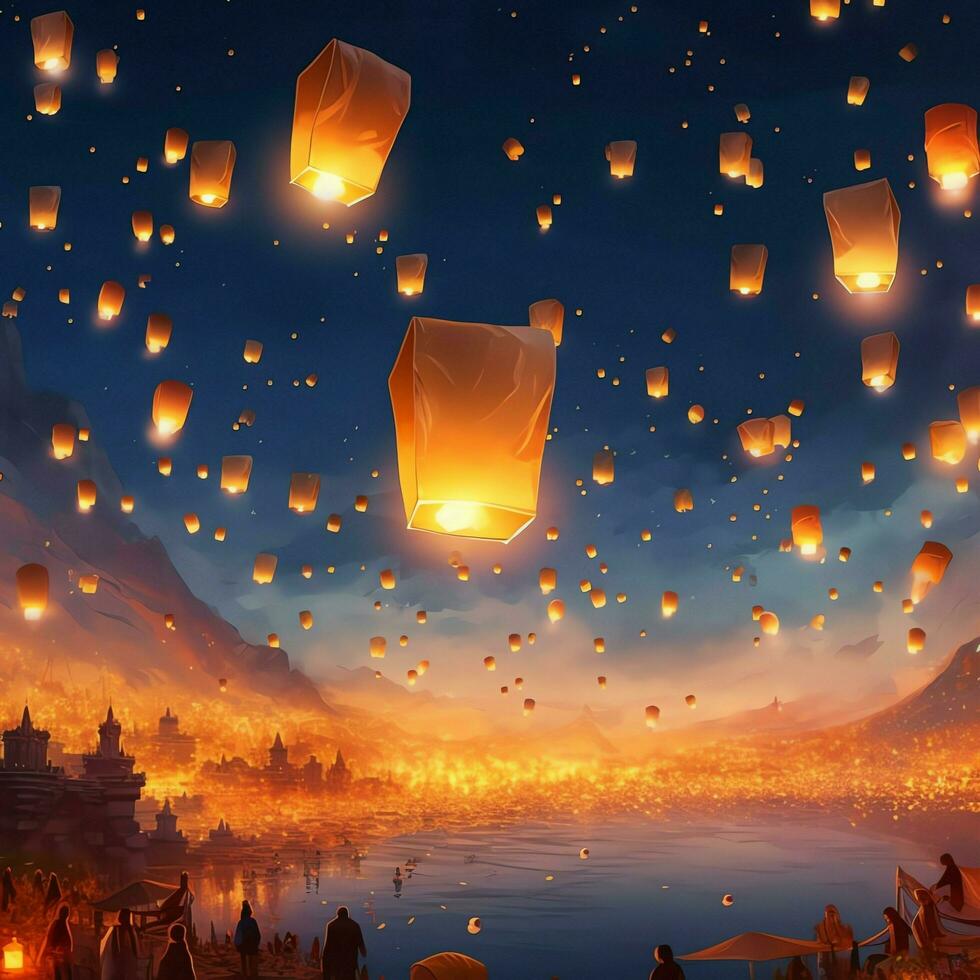 Flying lanterns in the night sky during the diwali festival india, yee peng or midautumn day in china concept by AI Generated photo