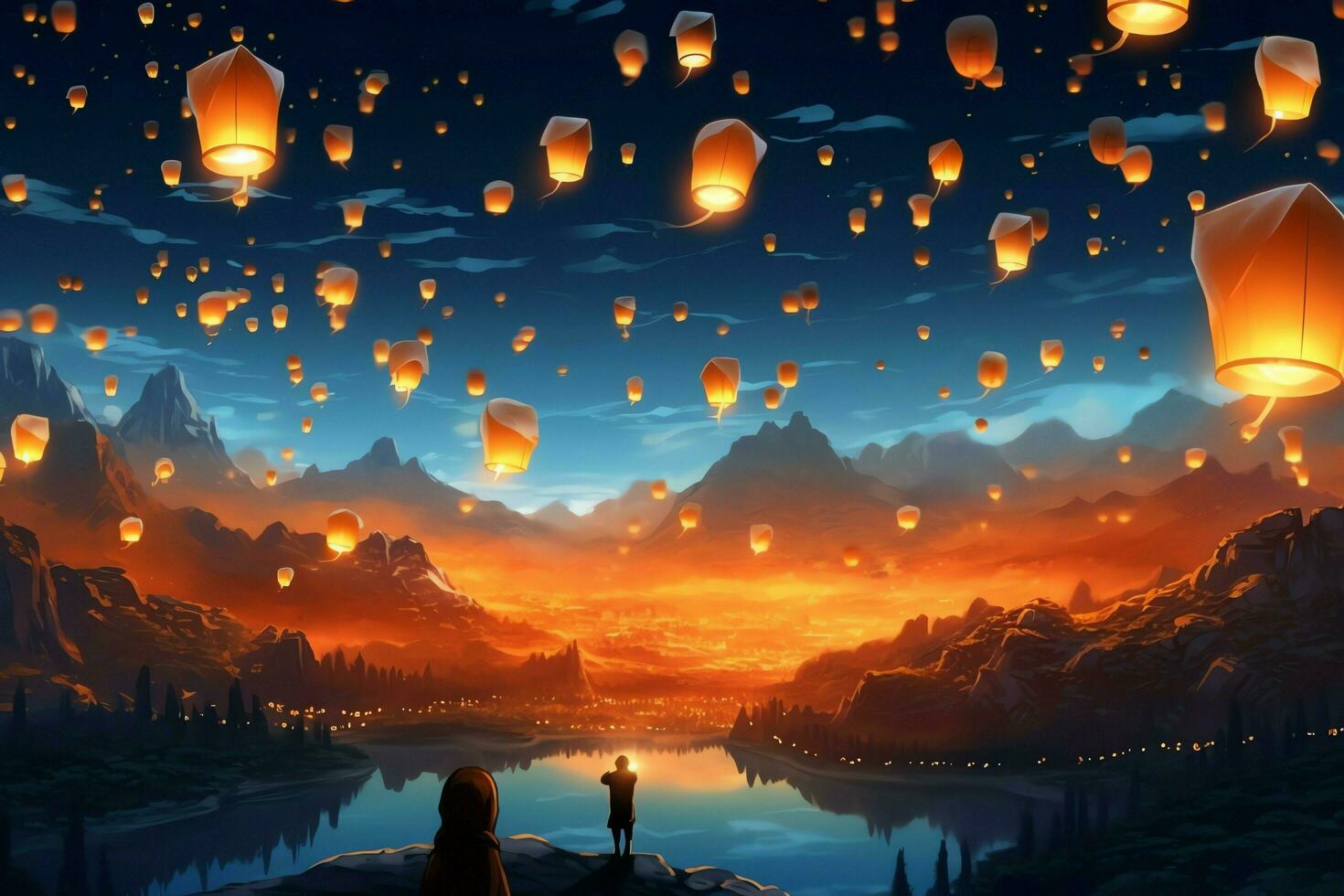 Flying lanterns in the night sky during the diwali festival india, yee peng or midautumn day in china concept by AI Generated photo