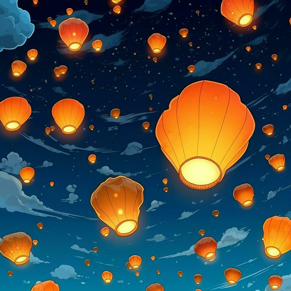 Flying lanterns in the night sky during the diwali festival india, yee peng or midautumn day in china concept by AI Generated photo
