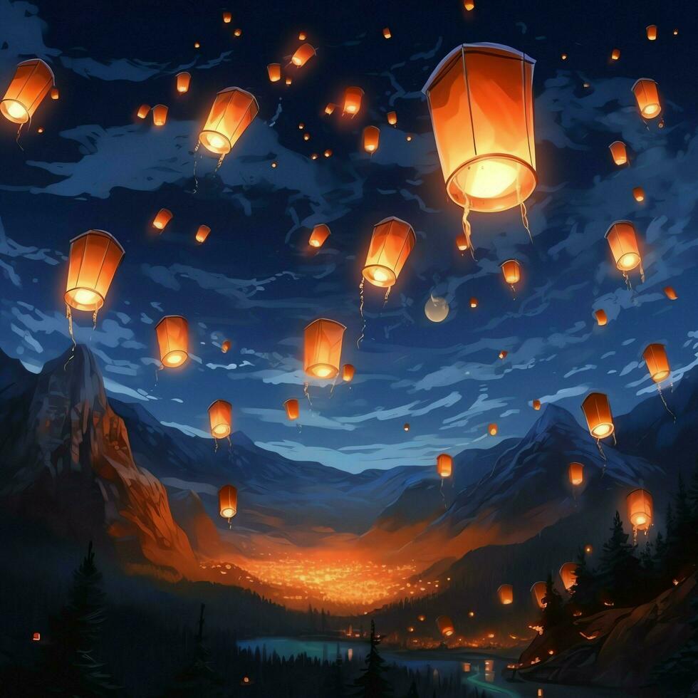 Flying lanterns in the night sky during the diwali festival india, yee peng or midautumn day in china concept by AI Generated photo