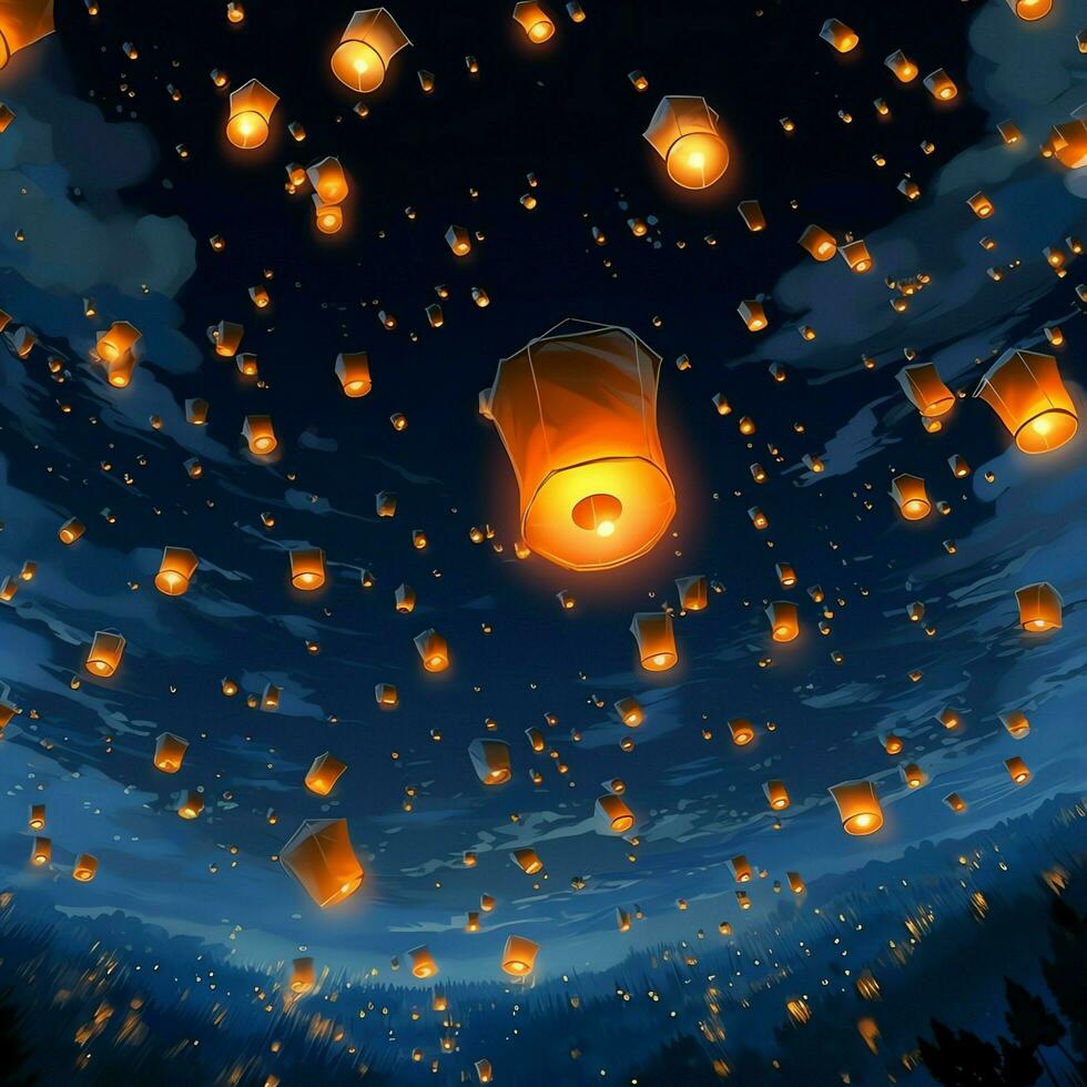 Flying lanterns in the night sky during the diwali festival india, yee peng or midautumn day in china concept by AI Generated photo