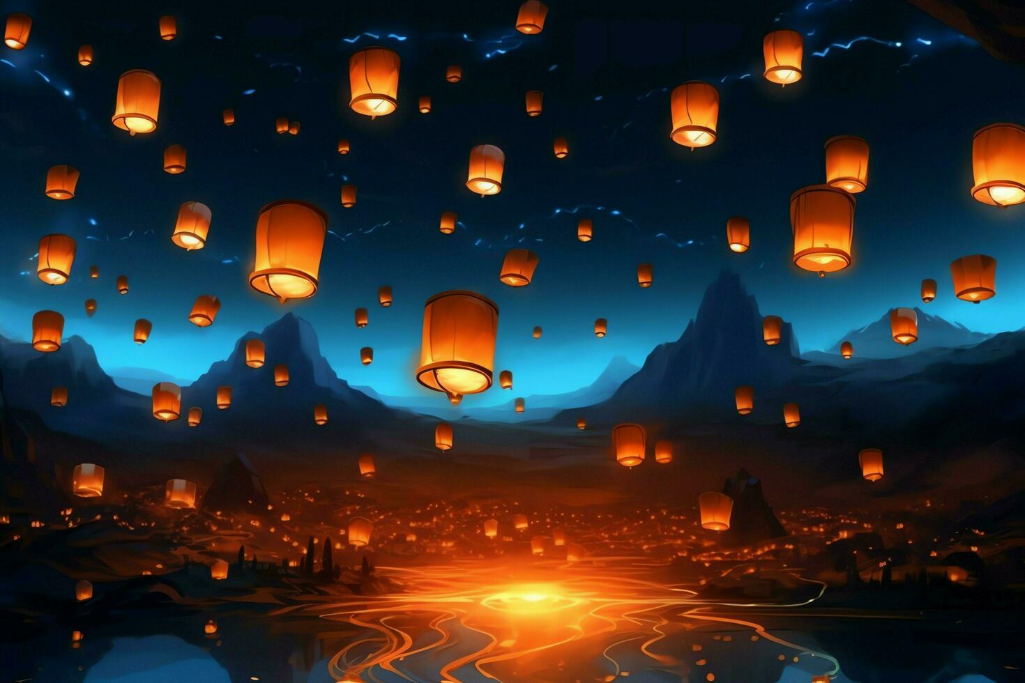 Flying lanterns in the night sky during the diwali festival india, yee peng or midautumn day in china concept by AI Generated photo