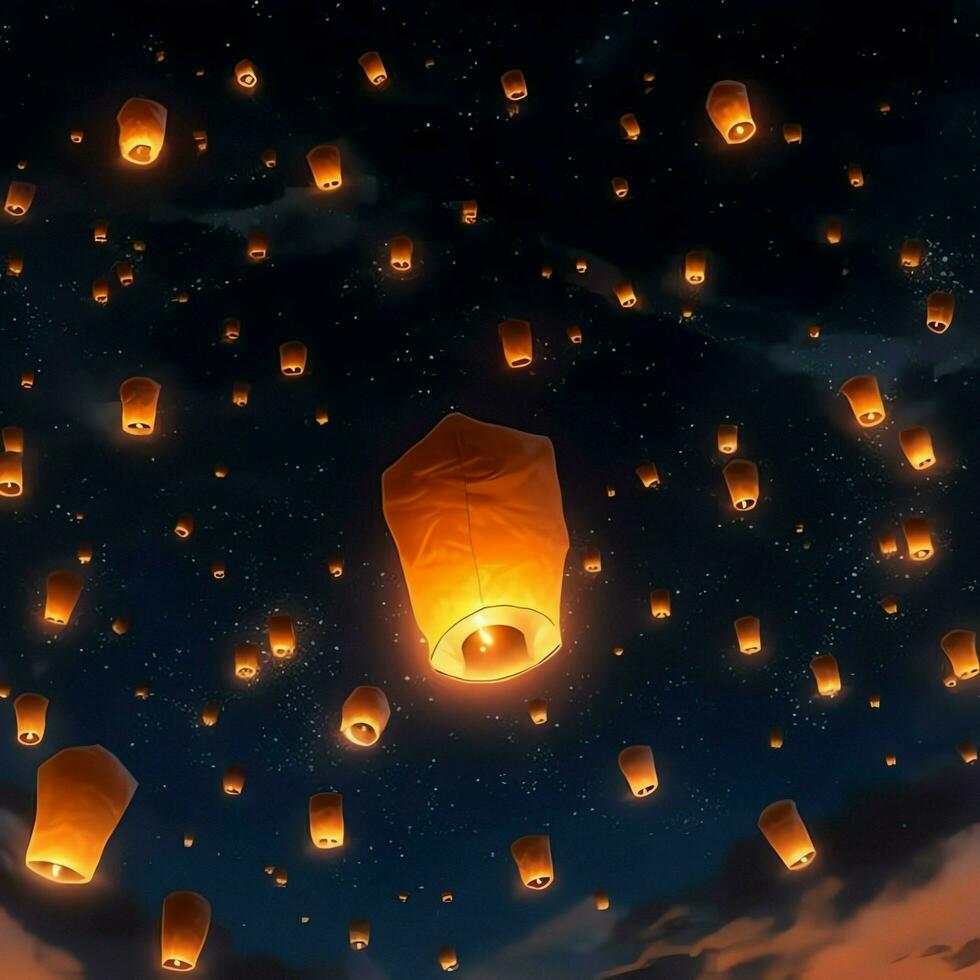 Flying lanterns in the night sky during the diwali festival india, yee peng or midautumn day in china concept by AI Generated photo