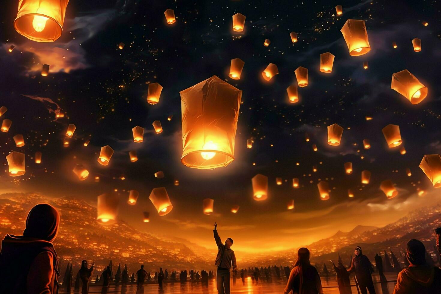 Flying lanterns in the night sky during the diwali festival india, yee peng or midautumn day in china concept by AI Generated photo
