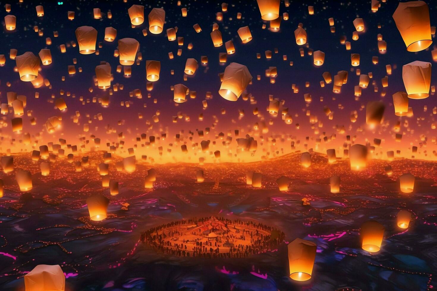 Flying lanterns in the night sky during the diwali festival india, yee peng or midautumn day in china concept by AI Generated photo