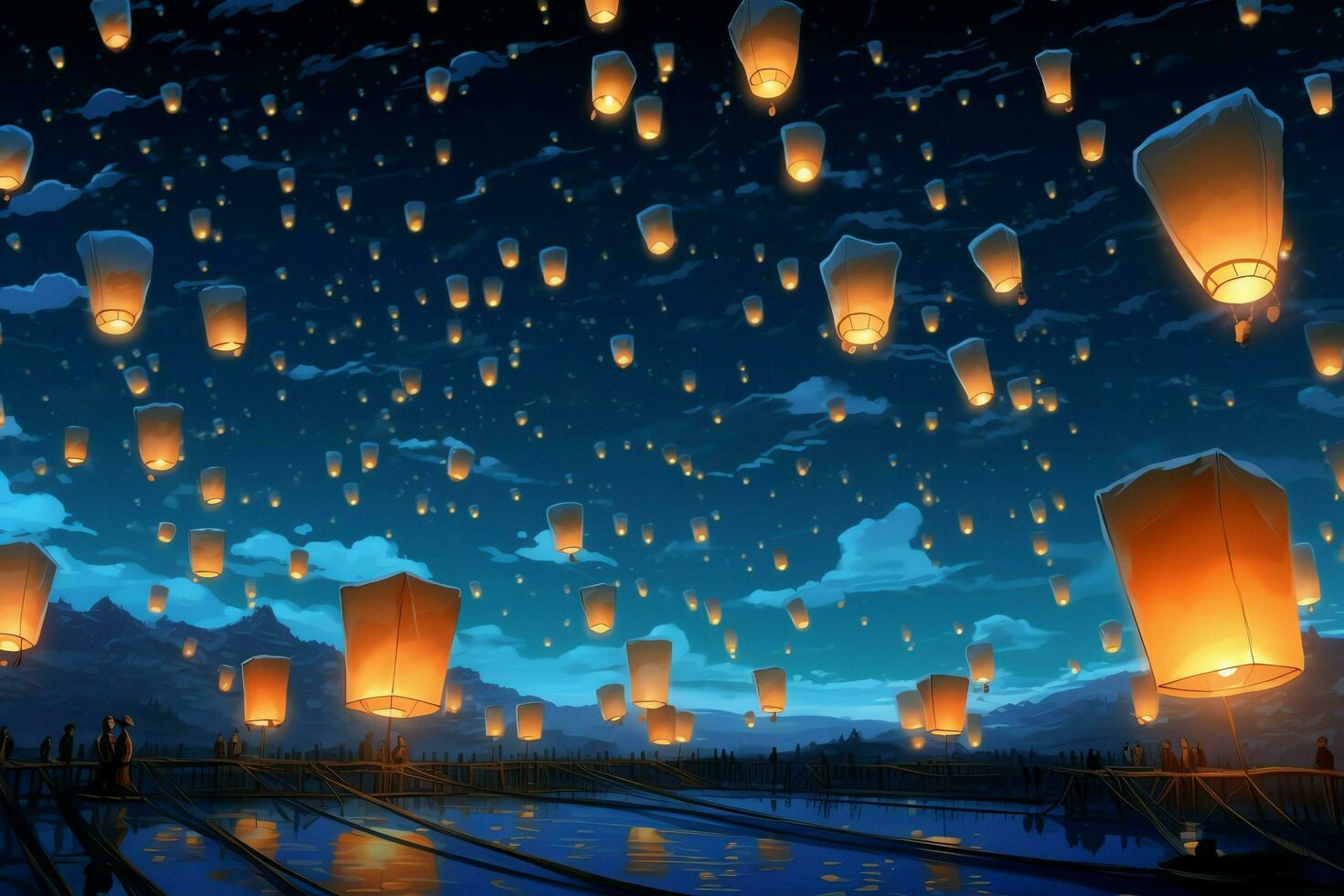 Flying lanterns in the night sky during the diwali festival india, yee peng or midautumn day in china concept by AI Generated photo
