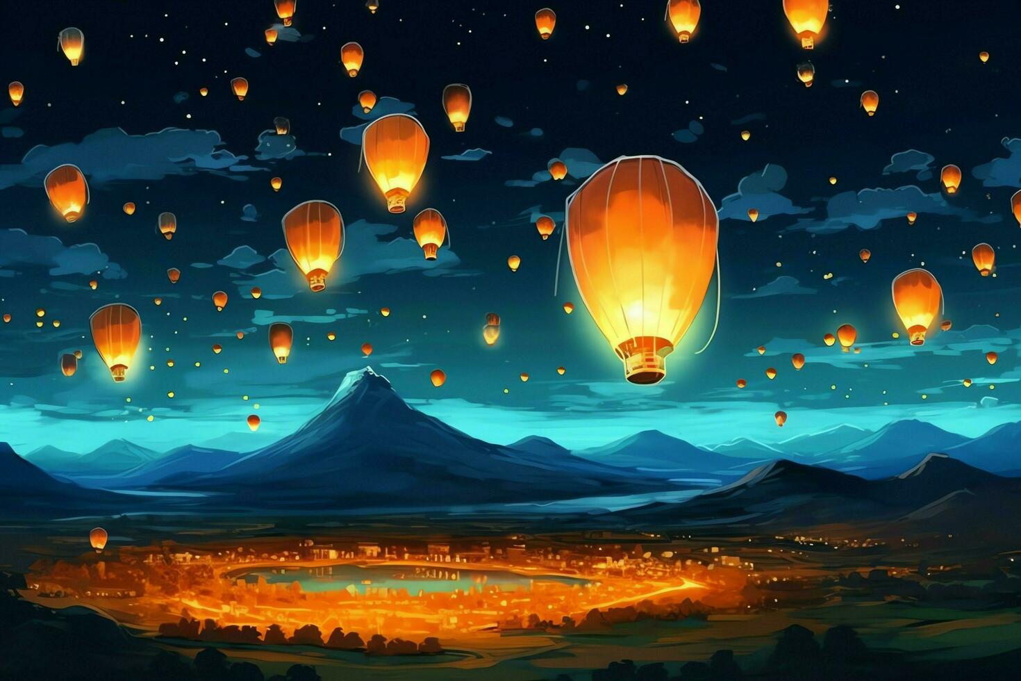Flying lanterns in the night sky during the diwali festival india, yee peng or midautumn day in china concept by AI Generated photo