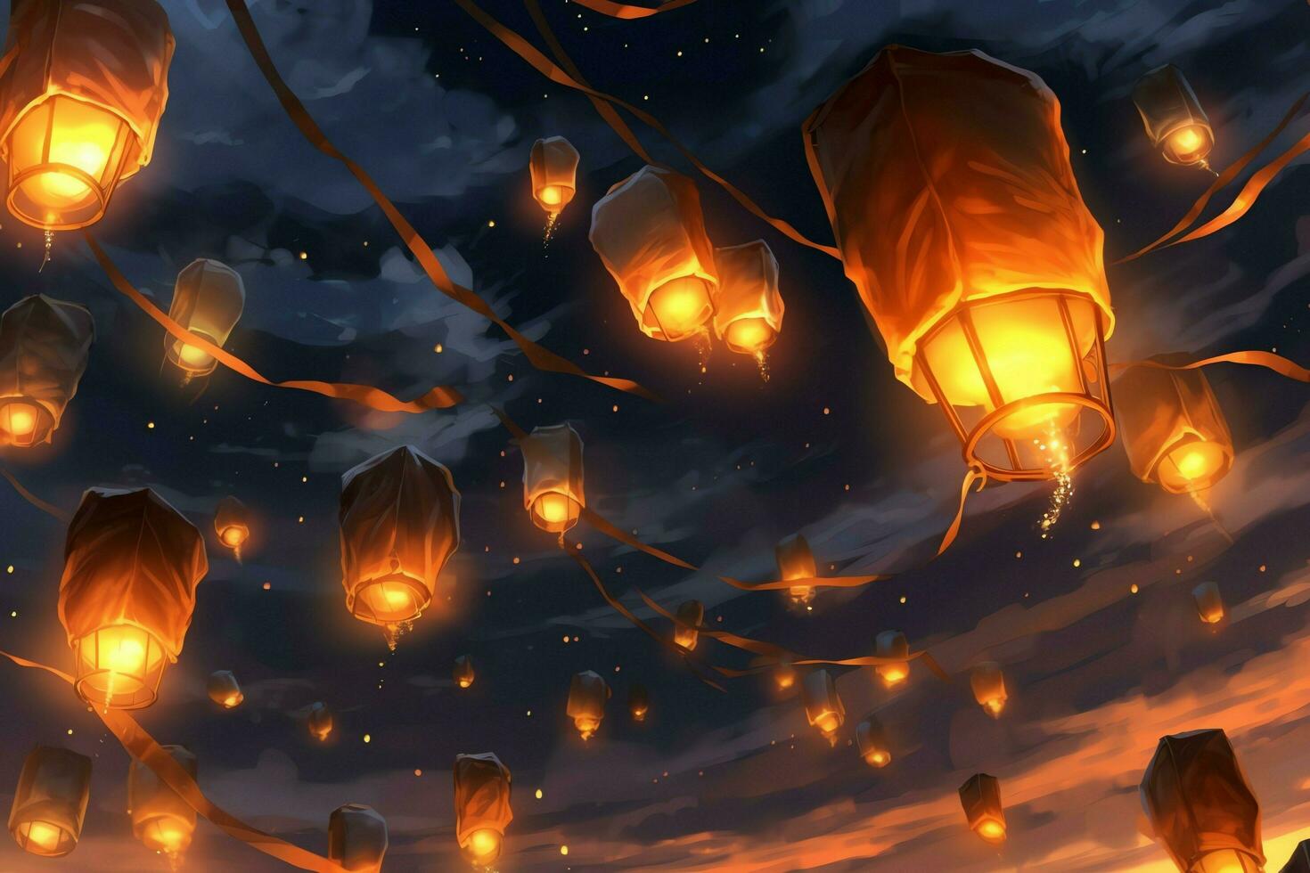 Flying lanterns in the night sky during the diwali festival india, yee peng or midautumn day in china concept by AI Generated photo