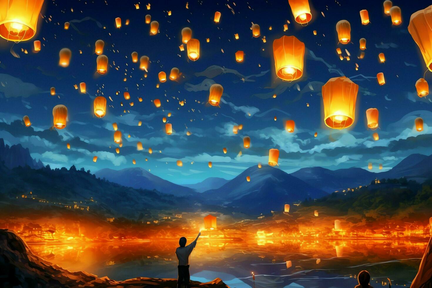 Flying lanterns in the night sky during the diwali festival india, yee peng or midautumn day in china concept by AI Generated photo