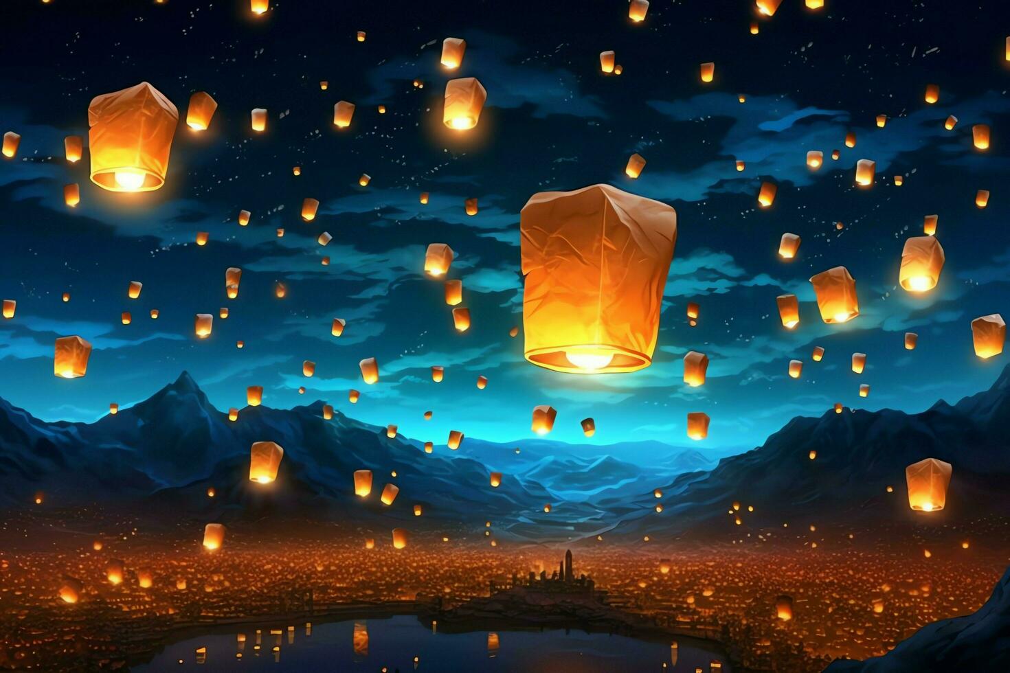 Flying lanterns in the night sky during the diwali festival india, yee peng or midautumn day in china concept by AI Generated photo