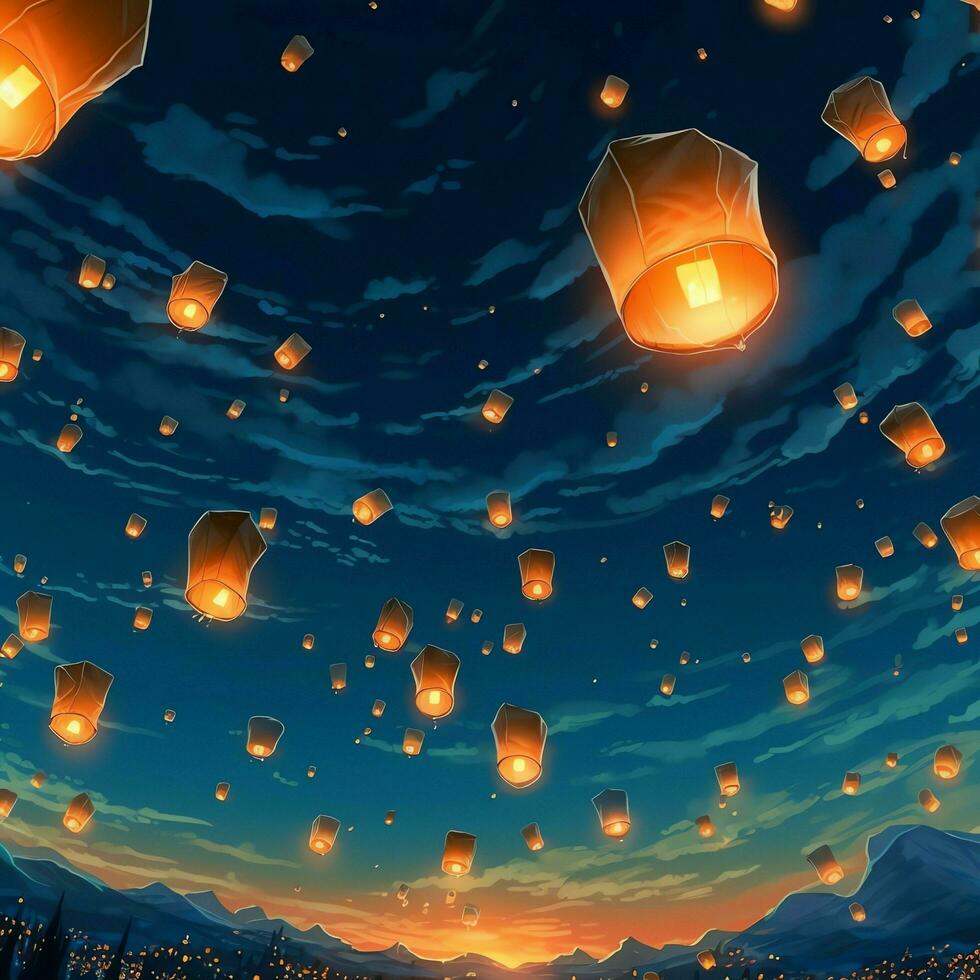 Flying lanterns in the night sky during the diwali festival india, yee peng or midautumn day in china concept by AI Generated photo