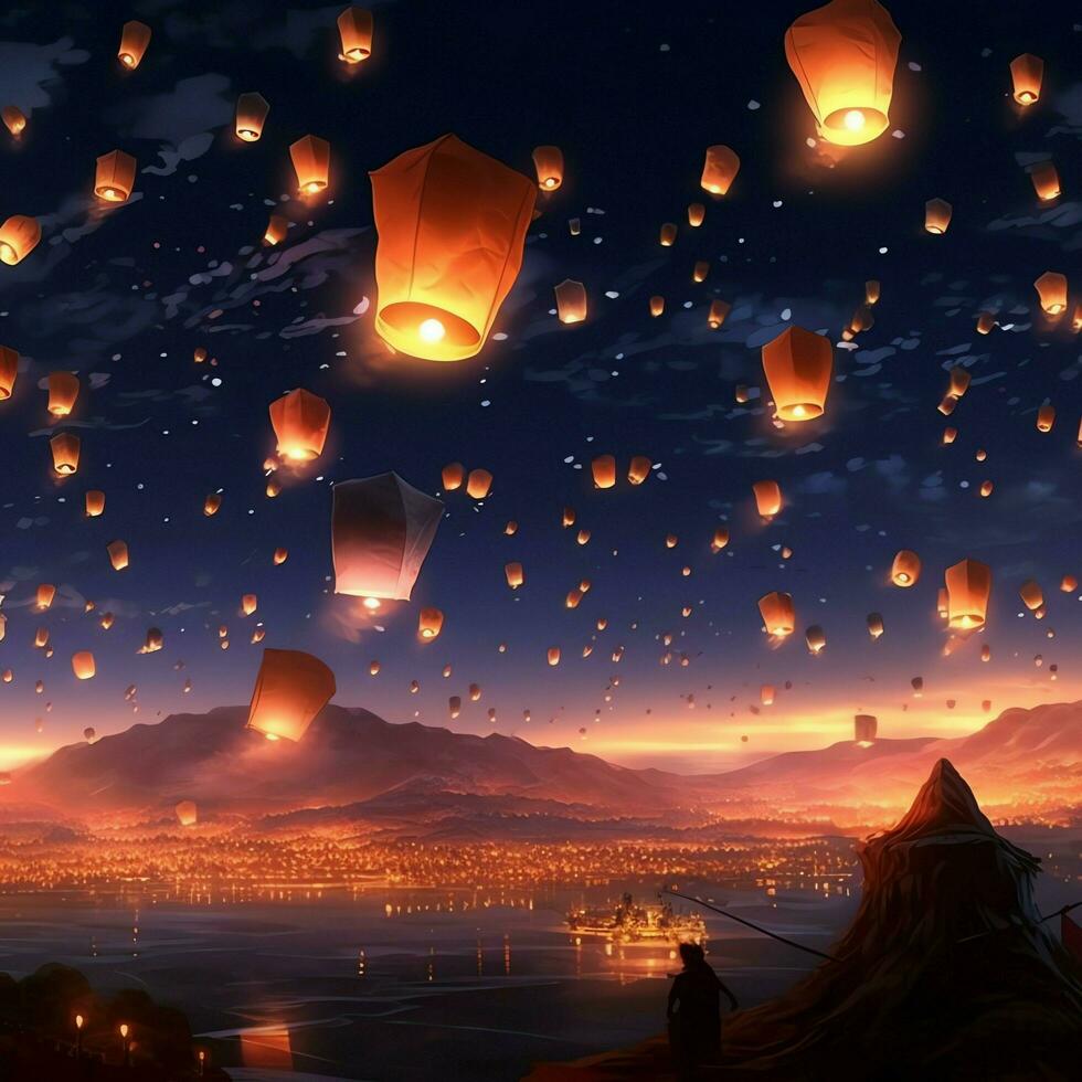 Flying lanterns in the night sky during the diwali festival india, yee peng or midautumn day in china concept by AI Generated photo