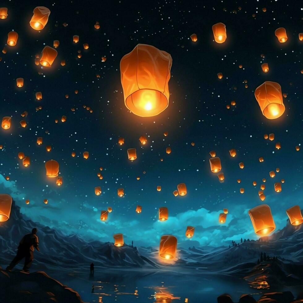 Flying lanterns in the night sky during the diwali festival india, yee peng or midautumn day in china concept by AI Generated photo