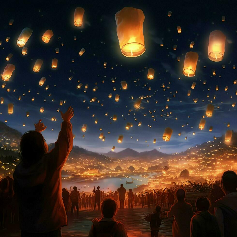 Flying lanterns in the night sky during the diwali festival india, yee peng or midautumn day in china concept by AI Generated photo