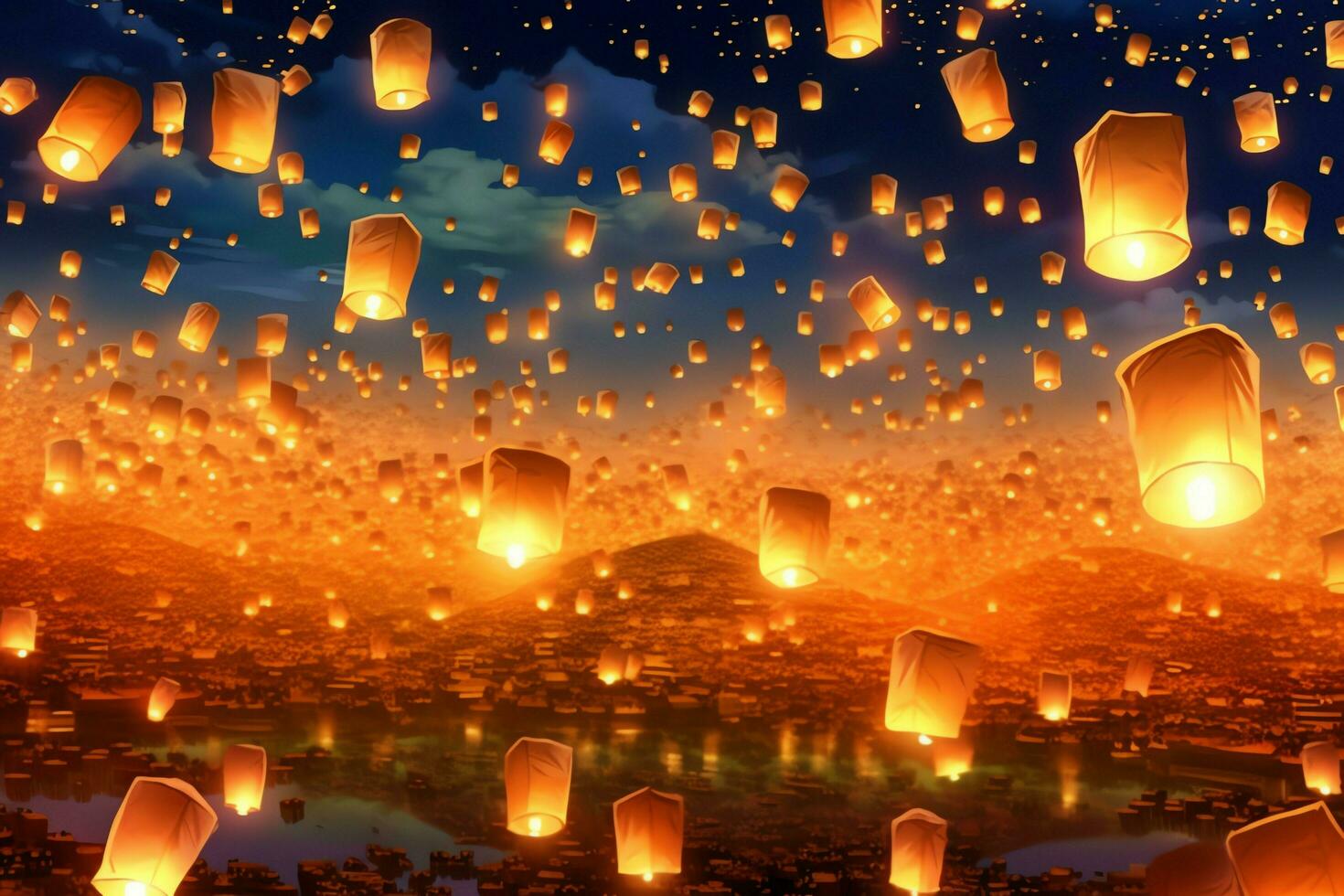 Flying lanterns in the night sky during the diwali festival india, yee peng or midautumn day in china concept by AI Generated photo