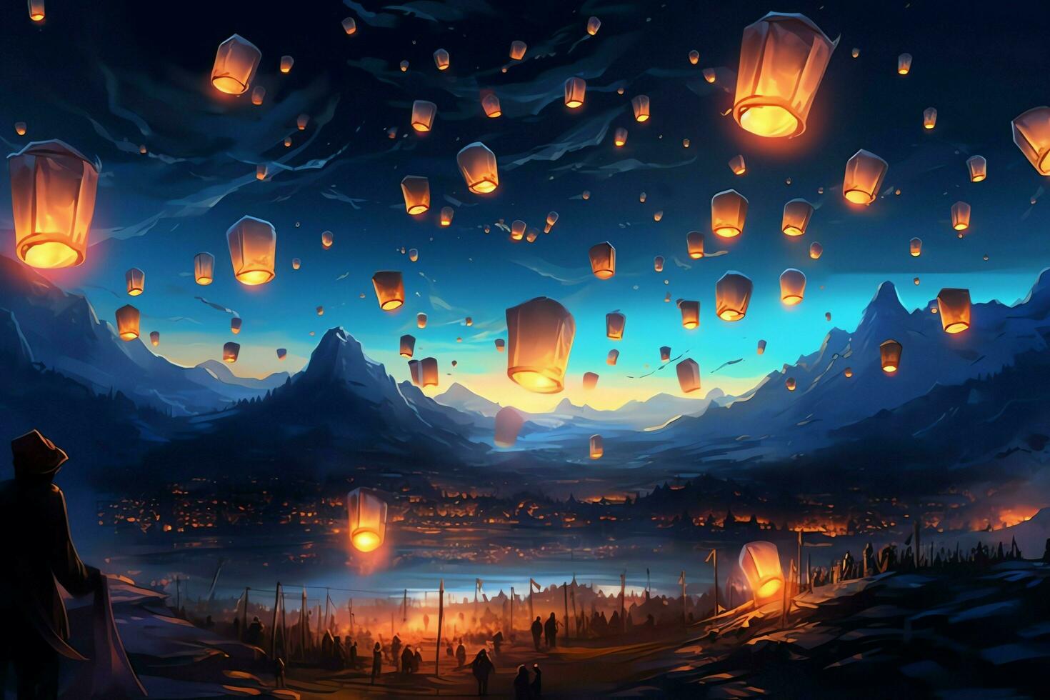 Flying lanterns in the night sky during the diwali festival india, yee peng or midautumn day in china concept by AI Generated photo