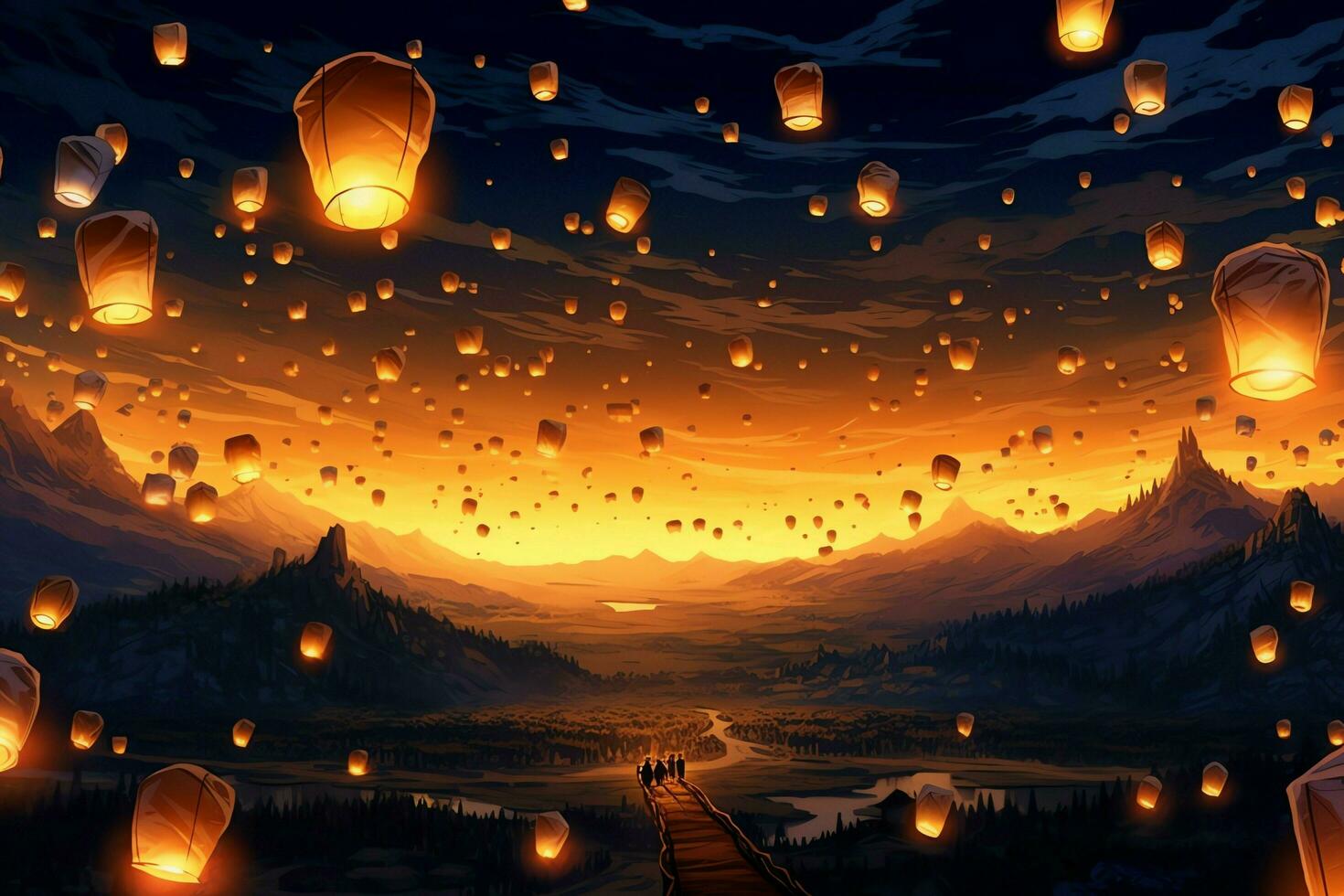 Flying lanterns in the night sky during the diwali festival india, yee peng or midautumn day in china concept by AI Generated photo
