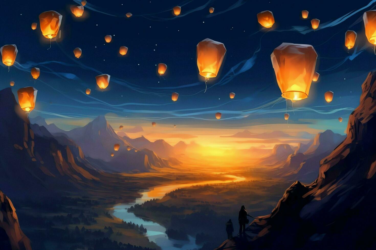 Flying lanterns in the night sky during the diwali festival india, yee peng or midautumn day in china concept by AI Generated photo