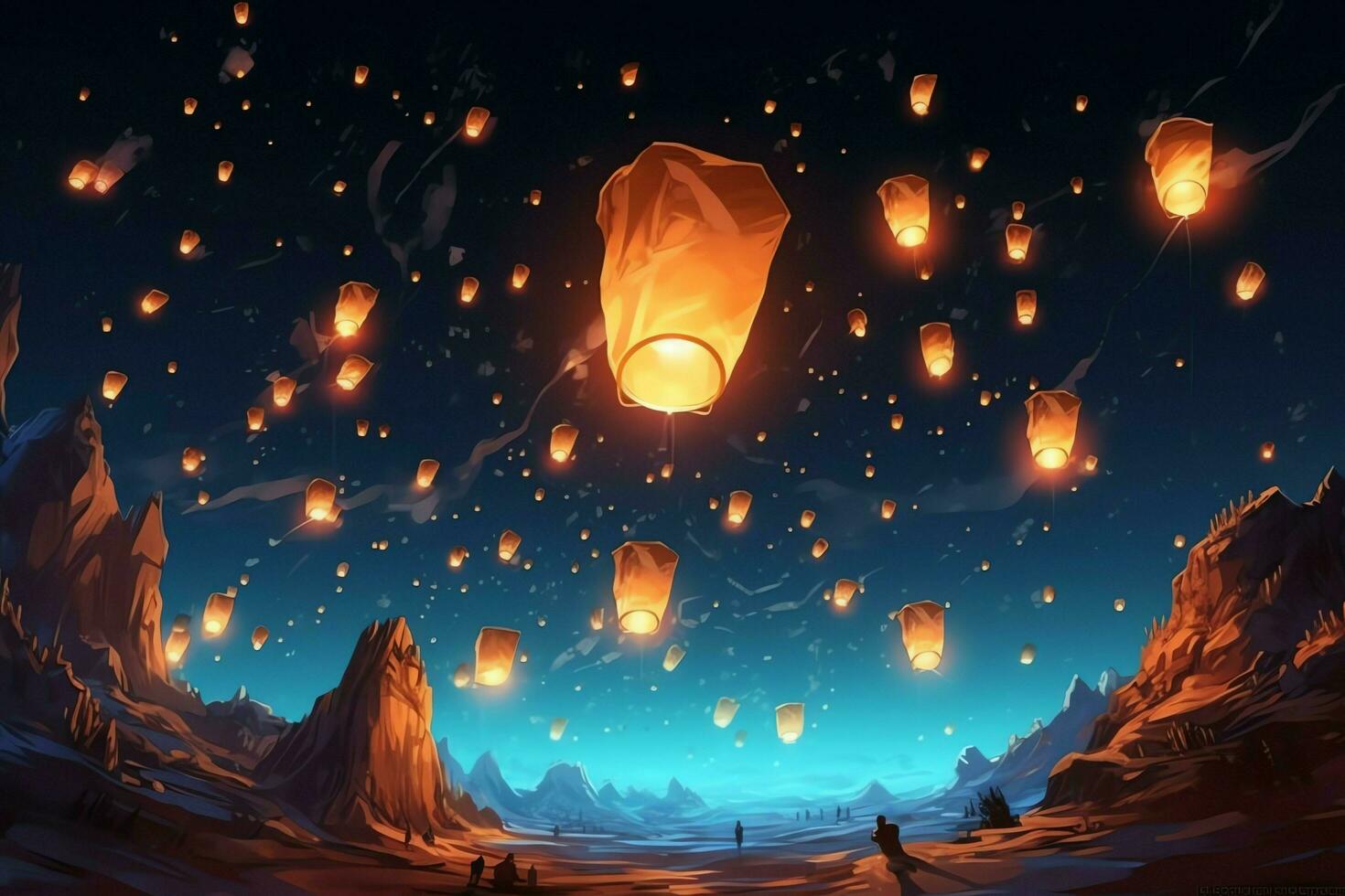 Flying lanterns in the night sky during the diwali festival india, yee peng or midautumn day in china concept by AI Generated photo