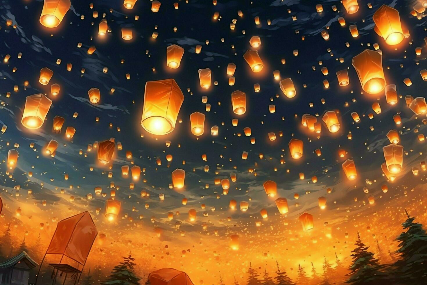 Flying lanterns in the night sky during the diwali festival india, yee