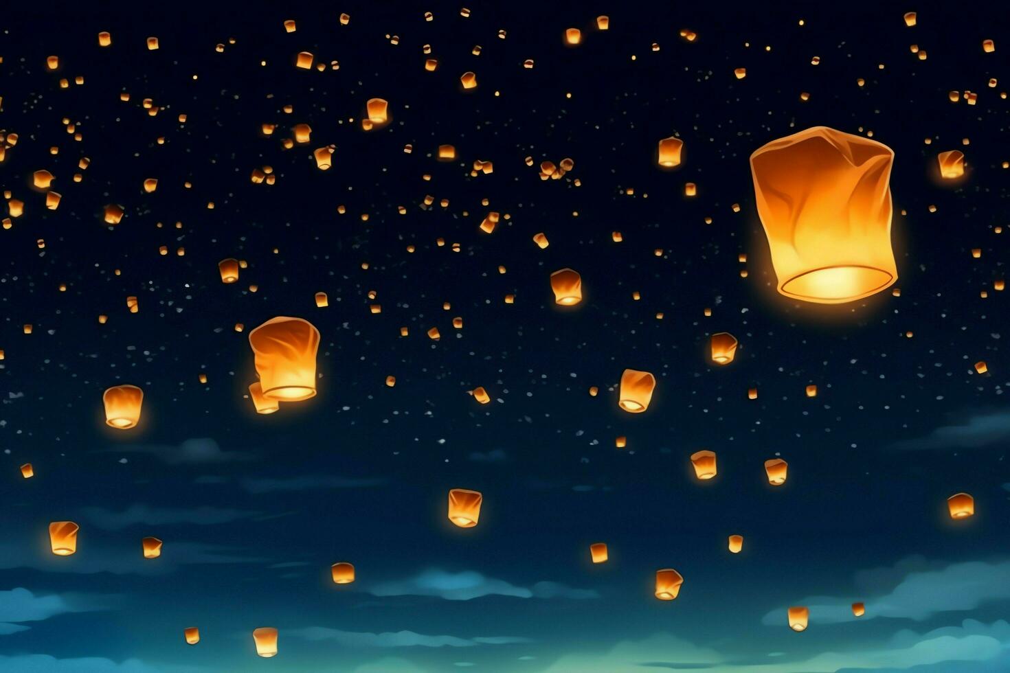 Flying lanterns in the night sky during the diwali festival india, yee peng or midautumn day in china concept by AI Generated photo