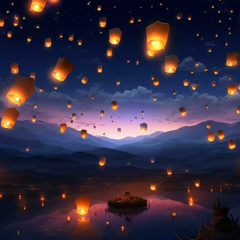 Flying lanterns in the night sky during the diwali festival india, yee peng or midautumn day in china concept by AI Generated photo
