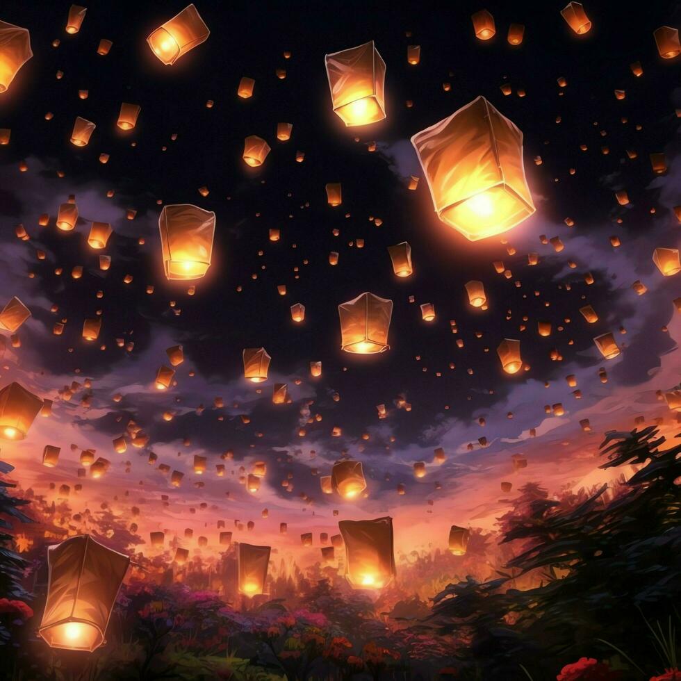 Flying lanterns in the night sky during the diwali festival india, yee peng or midautumn day in china concept by AI Generated photo