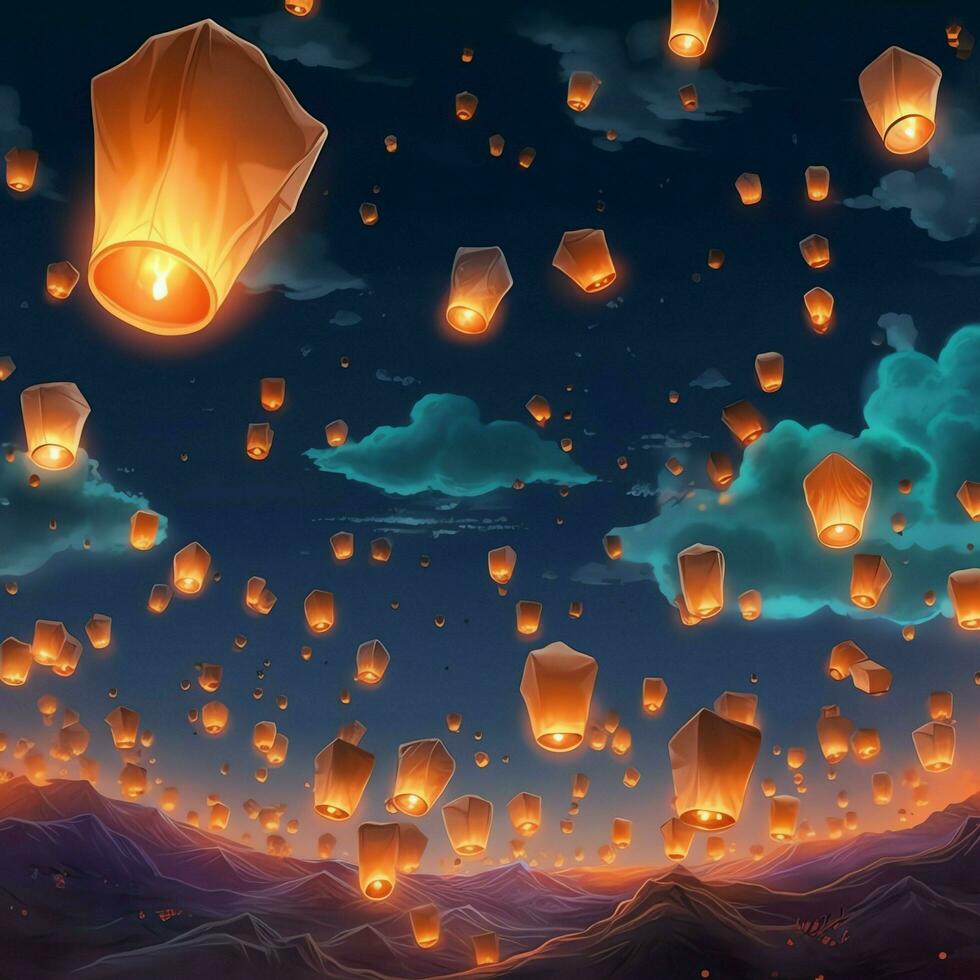 Flying lanterns in the night sky during the diwali festival india, yee peng or midautumn day in china concept by AI Generated photo