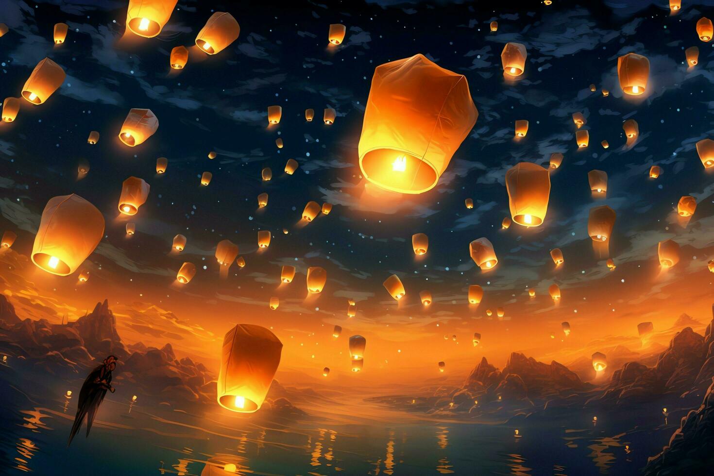 Flying lanterns in the night sky during the diwali festival india, yee peng or midautumn day in china concept by AI Generated photo