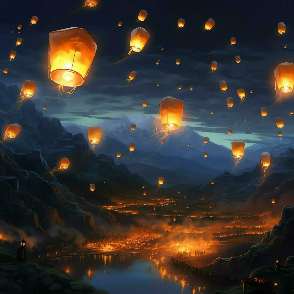 Flying lanterns in the night sky during the diwali festival india, yee peng or midautumn day in china concept by AI Generated photo