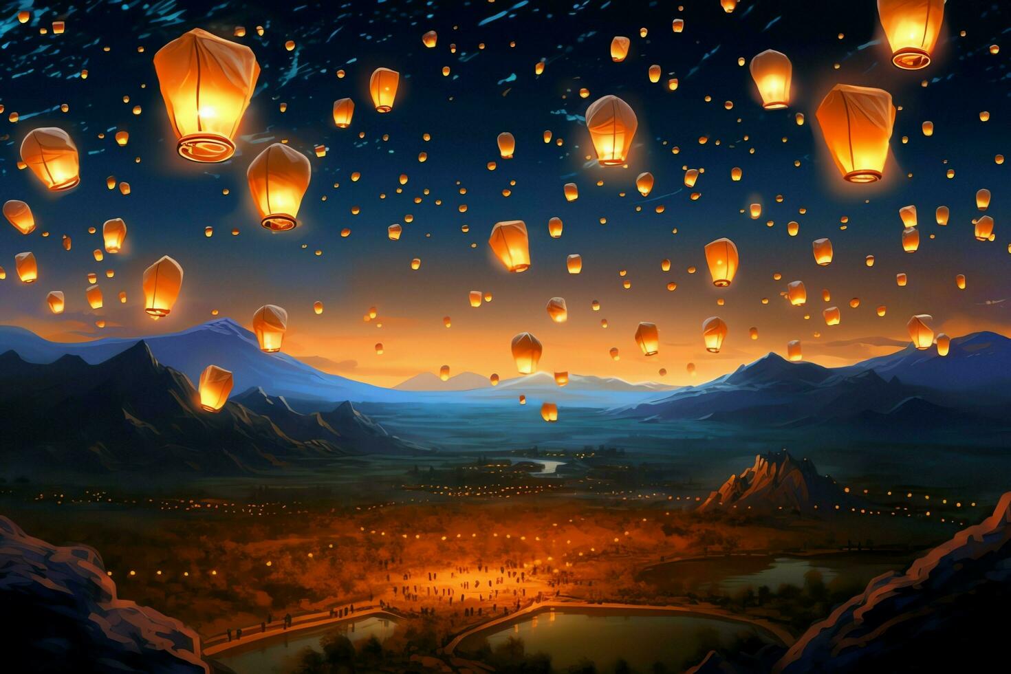 Flying lanterns in the night sky during the diwali festival india, yee peng or midautumn day in china concept by AI Generated photo