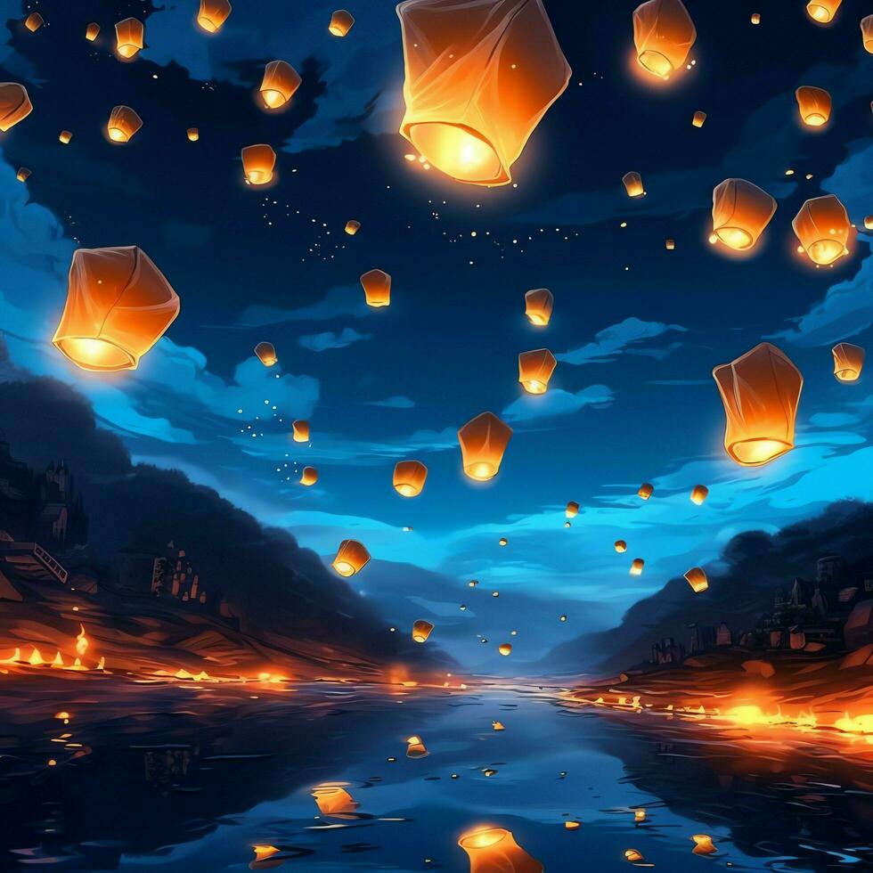 Flying lanterns in the night sky during the diwali festival india, yee peng or midautumn day in china concept by AI Generated photo
