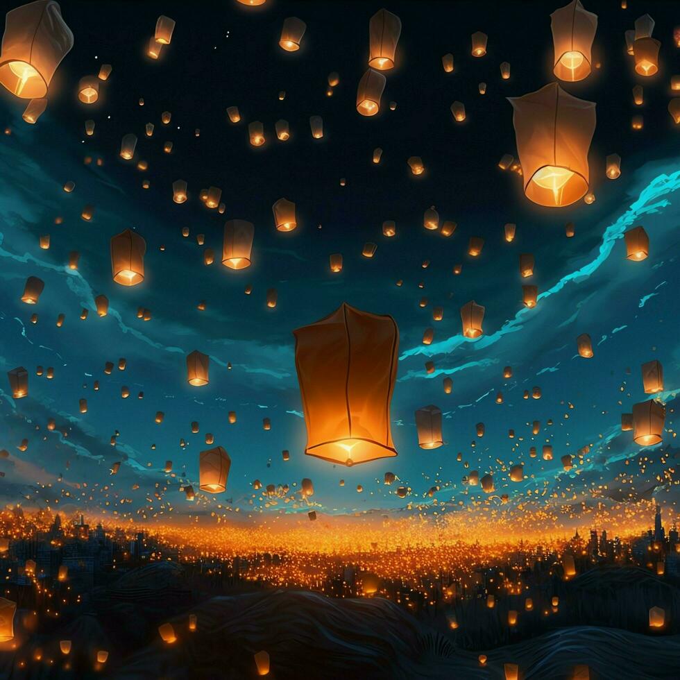 Flying lanterns in the night sky during the diwali festival india, yee peng or midautumn day in china concept by AI Generated photo