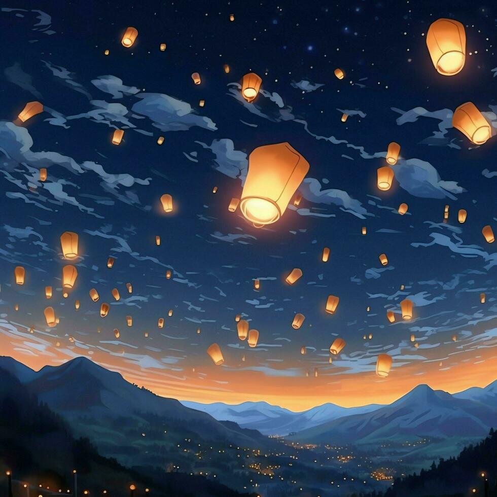 Flying lanterns in the night sky during the diwali festival india, yee peng or midautumn day in china concept by AI Generated photo