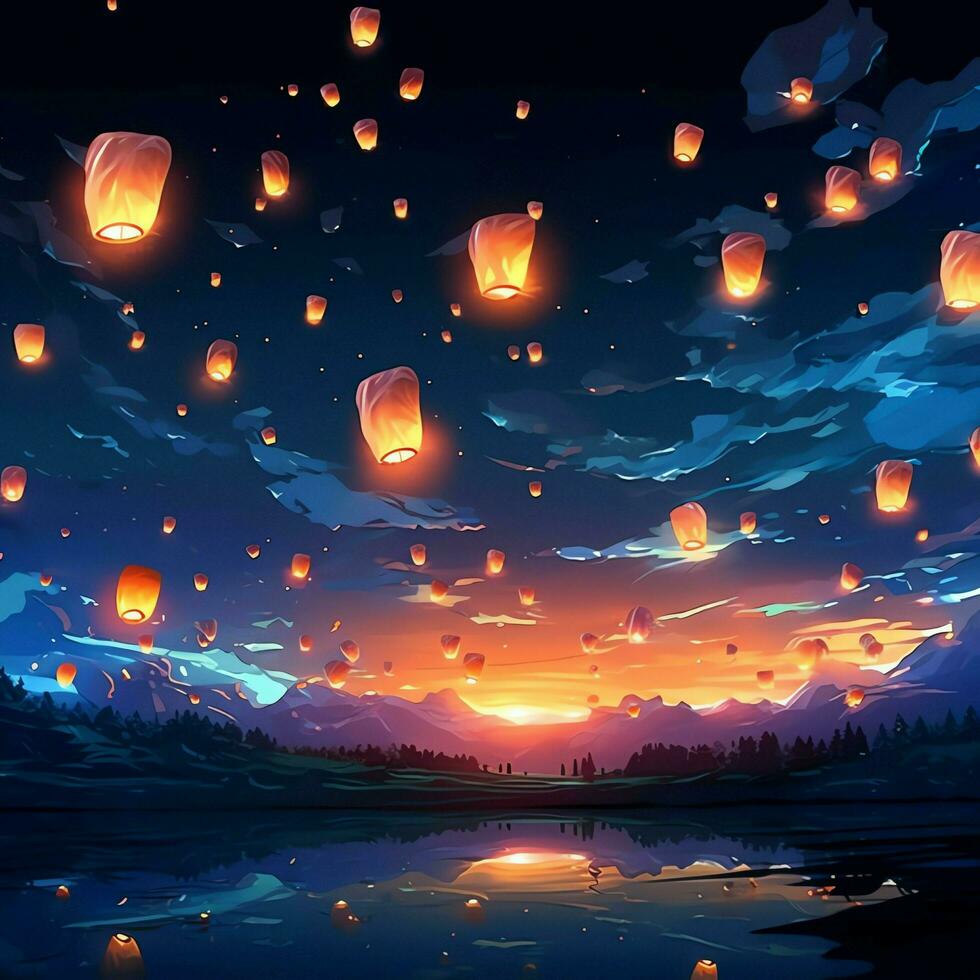 Flying lanterns in the night sky during the diwali festival india, yee peng or midautumn day in china concept by AI Generated photo