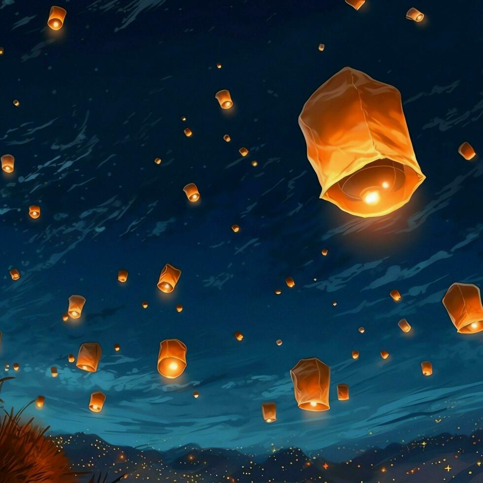 Flying lanterns in the night sky during the diwali festival india, yee peng or midautumn day in china concept by AI Generated photo