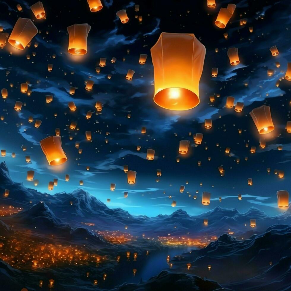 Flying lanterns in the night sky during the diwali festival india, yee peng or midautumn day in china concept by AI Generated photo