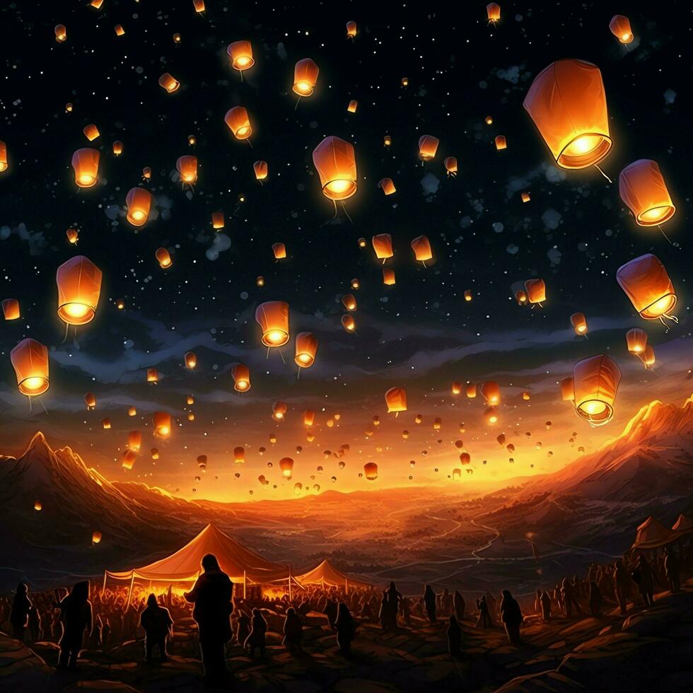 Flying lanterns in the night sky during the diwali festival india, yee peng or midautumn day in china concept by AI Generated photo