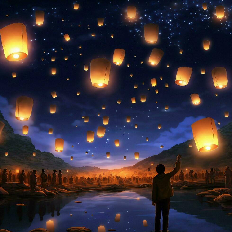 Flying lanterns in the night sky during the diwali festival india, yee peng or midautumn day in china concept by AI Generated photo