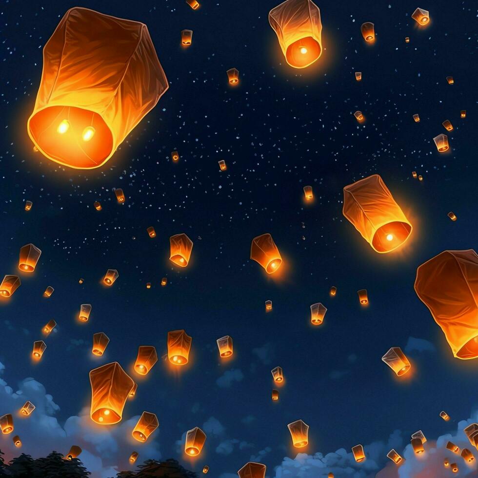 Flying lanterns in the night sky during the diwali festival india, yee peng or midautumn day in china concept by AI Generated photo