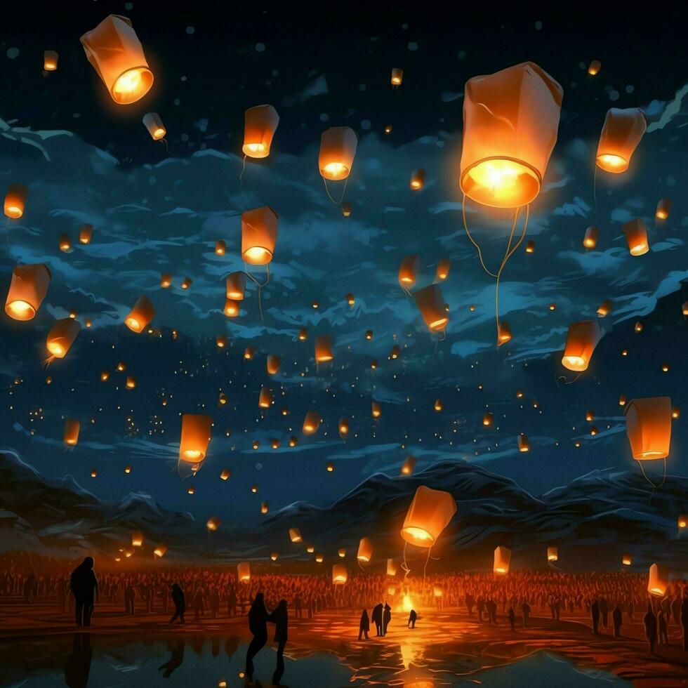 Flying lanterns in the night sky during the diwali festival india, yee peng or midautumn day in china concept by AI Generated photo