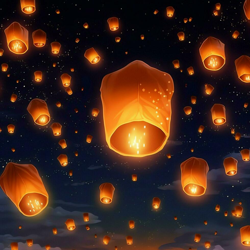 Flying lanterns in the night sky during the diwali festival india, yee peng or midautumn day in china concept by AI Generated photo