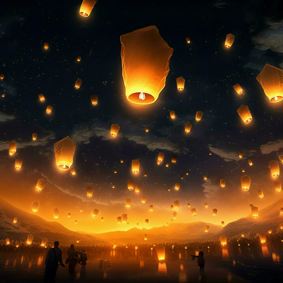 Flying lanterns in the night sky during the diwali festival india, yee peng or midautumn day in china concept by AI Generated photo