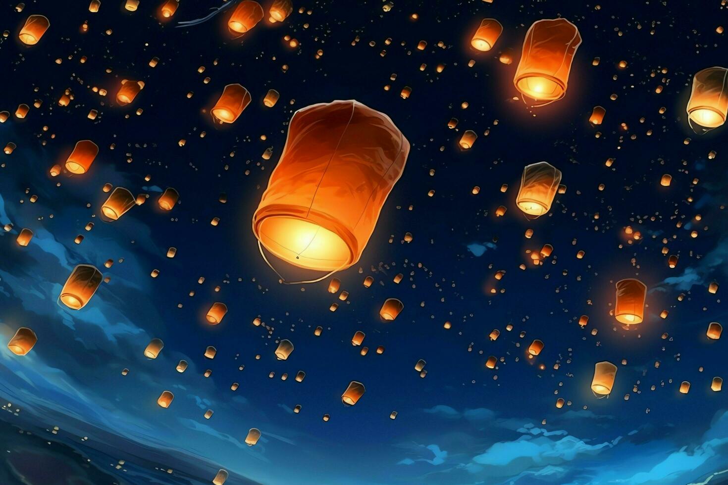 Flying lanterns in the night sky during the diwali festival india, yee peng or midautumn day in china concept by AI Generated photo
