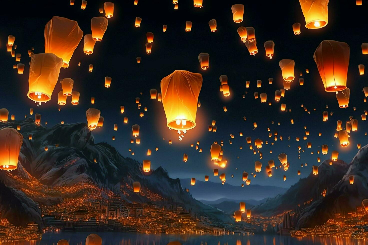 Flying lanterns in the night sky during the diwali festival india, yee peng or midautumn day in china concept by AI Generated photo