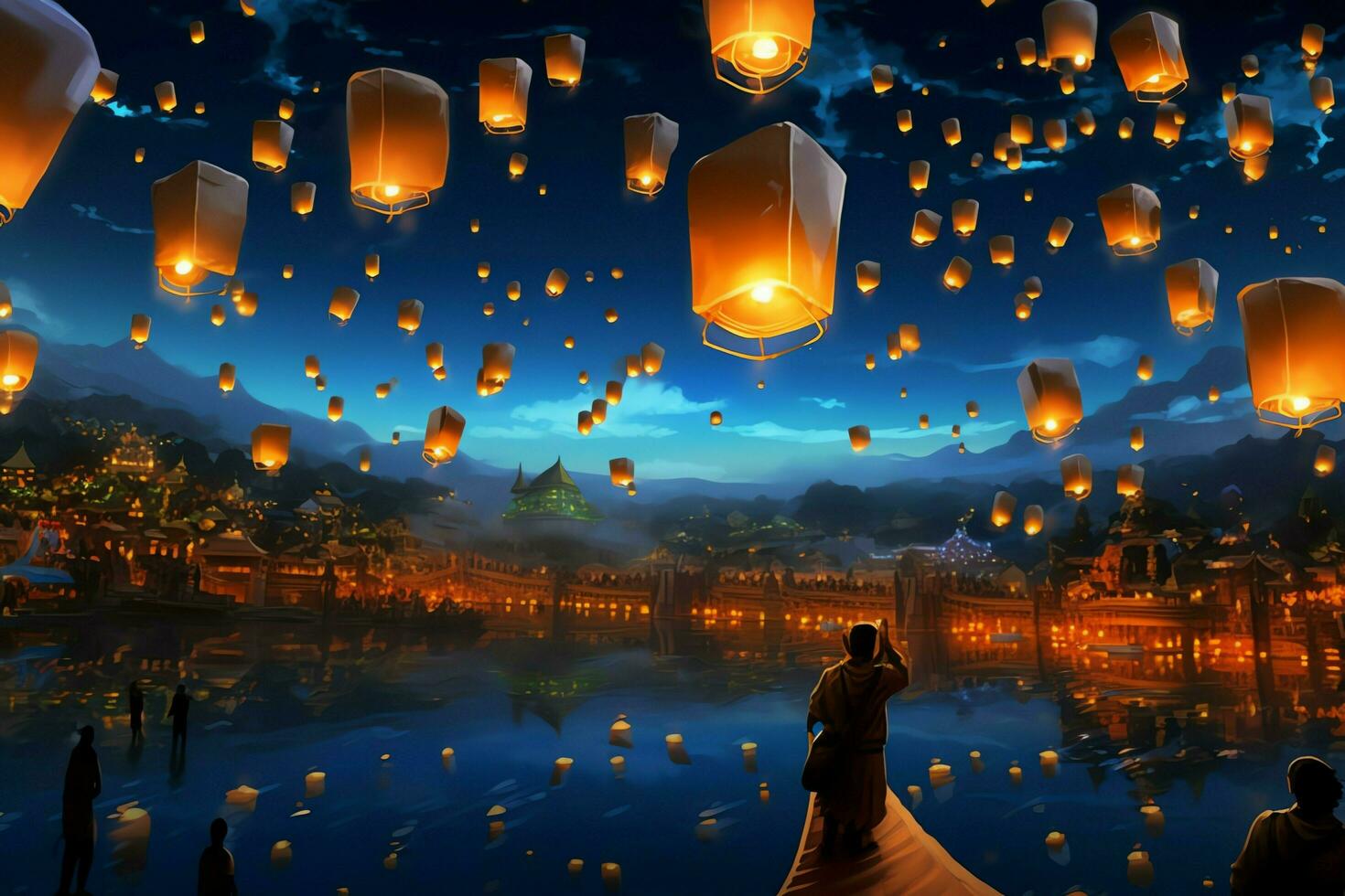 Flying lanterns in the night sky during the diwali festival india, yee peng or midautumn day in china concept by AI Generated photo
